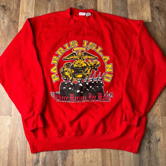 Vintage 90s US Marines Corps Sweatshirt Men's XL Red Parris Island Athletic 5580 - Picture 1 of 9